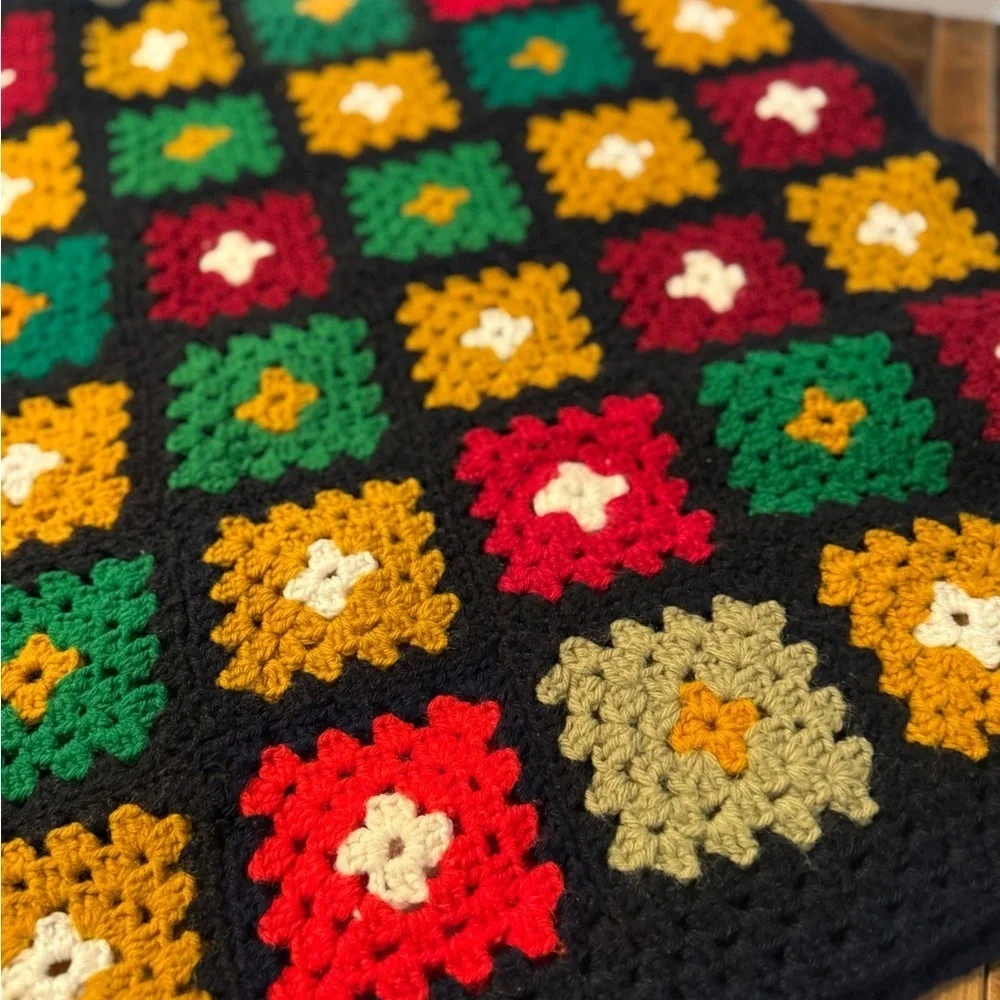 Crochet Lap Blanket. Handmade. 29”X59”. Black/red/green